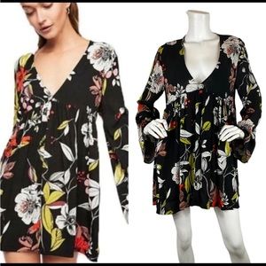 Free People Bella Combo Floral Tunic Top Mini Dress Empire Waist Bell Sleeve. S